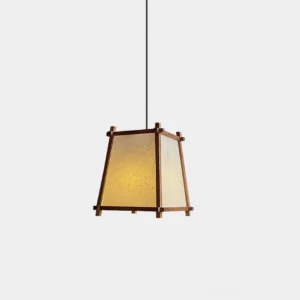 Shizuka geometric wood pendant light with trapezoidal design and beige fabric shade in minimalist white studio setting