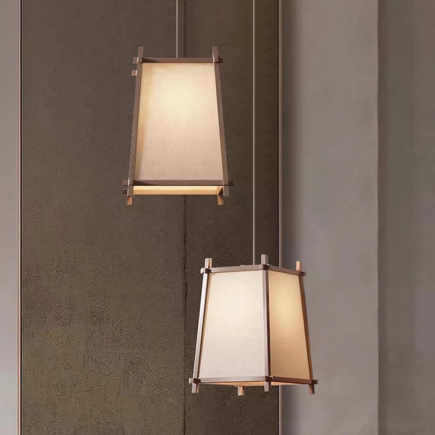 Two sizes of Shizuka geometric wood pendant lights side-by-side comparison, hanging view