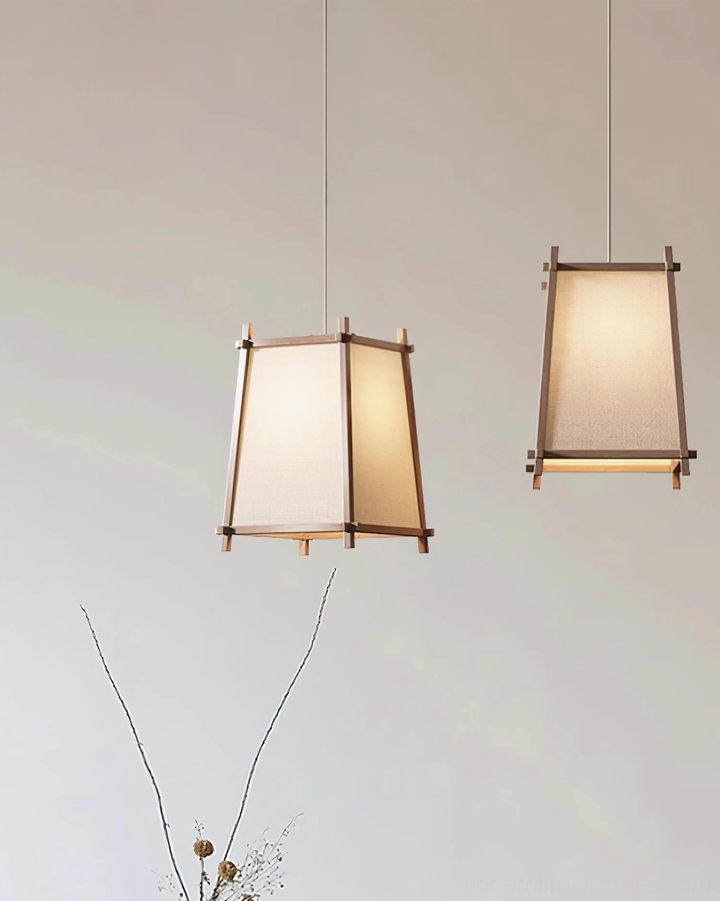 Shizuka geometric wood pendant light product lifestyle photography showing installation and ambient illumination