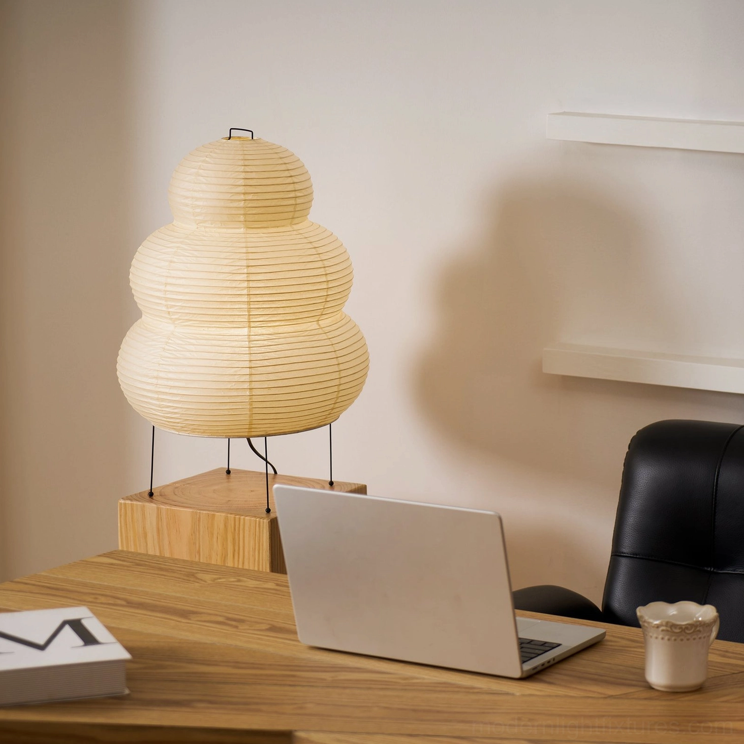 Modern tiered Shoji paper lamp shade construction detail, cylindrical geometric design
