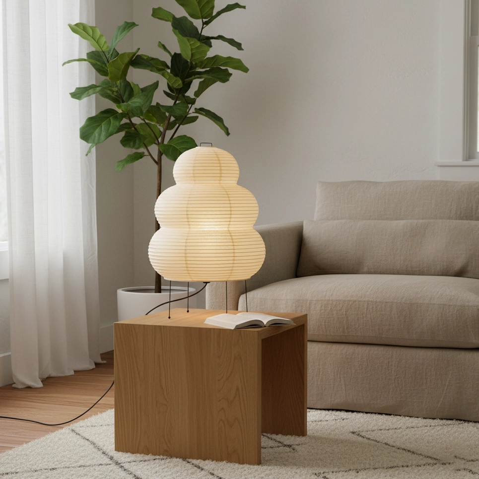 Modern tiered paper lampshade with geometric stacked construction, minimalist design detail