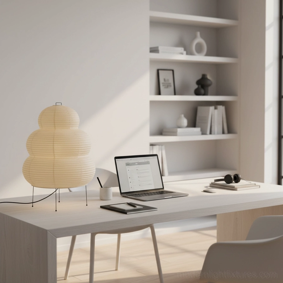 Tiered Shoji lamp side profile showing cylindrical paper shade and metal frame structure