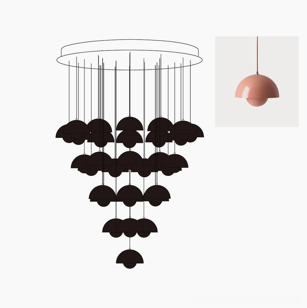 Pink shrimp powder matte finish dome pendant chandelier with 31 heads for modern eclectic interiors