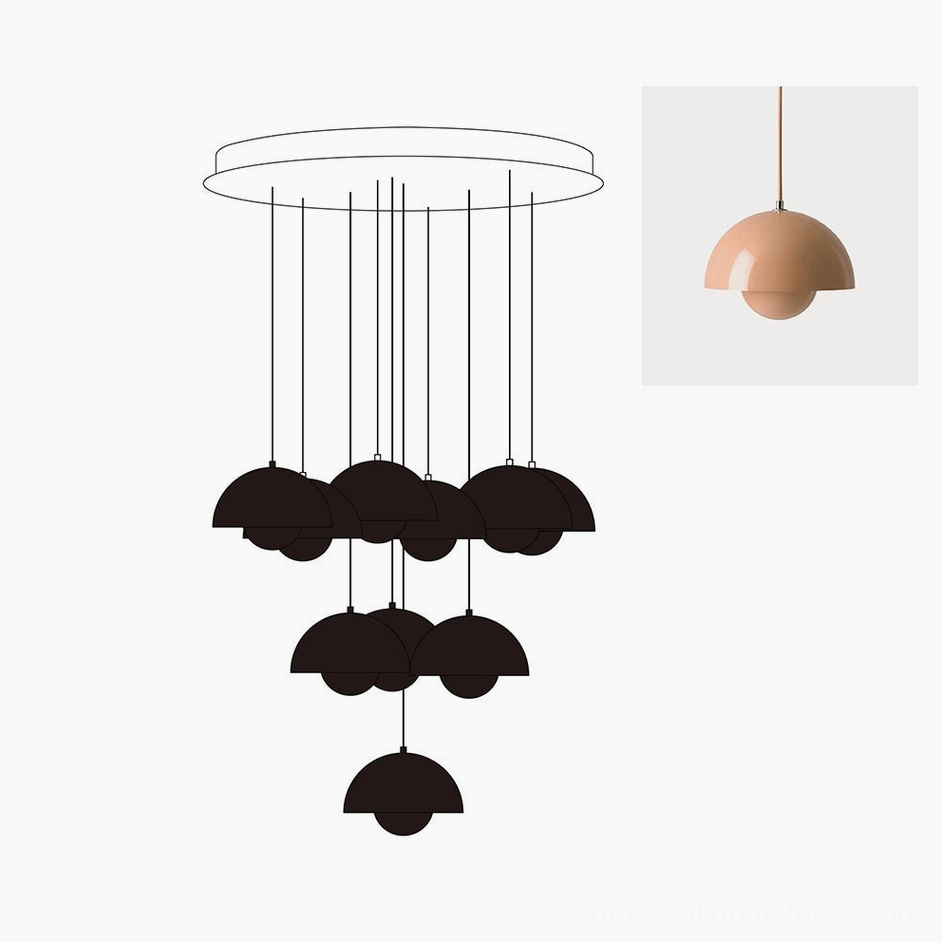 Modern pendant chandelier with shrimp powder pink matte finish in 31 heads configuration