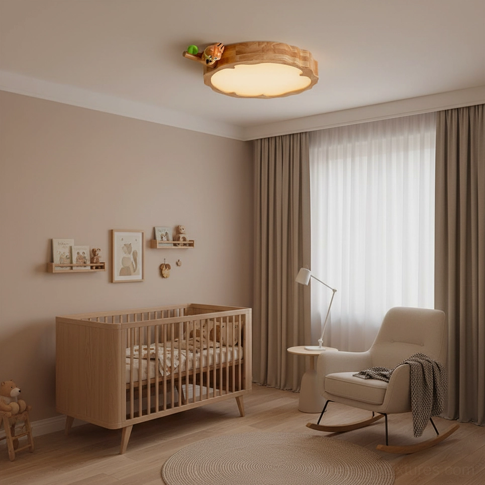 Side angle view of modern animal ceiling light fixture highlighting cloud-shaped design and animal ornament