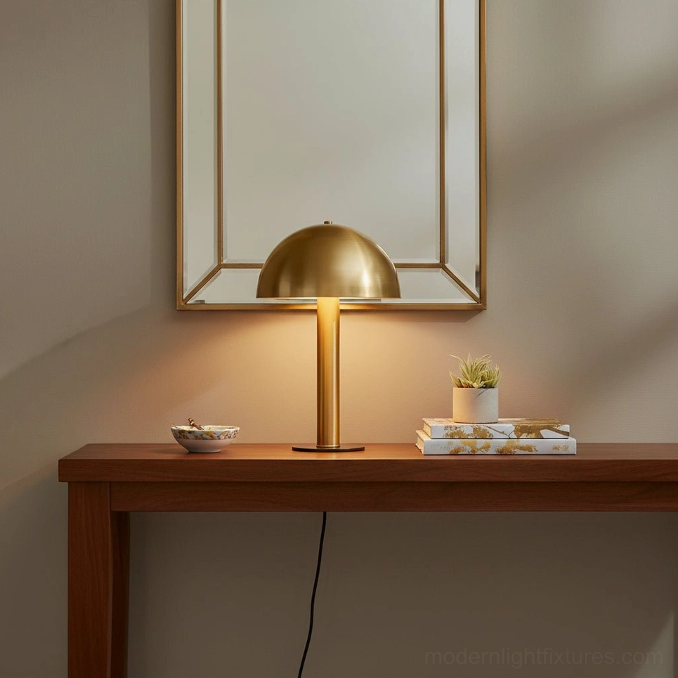 Brass mushroom lamp on entrance console table with mirror and decorative items - minimalist entryway