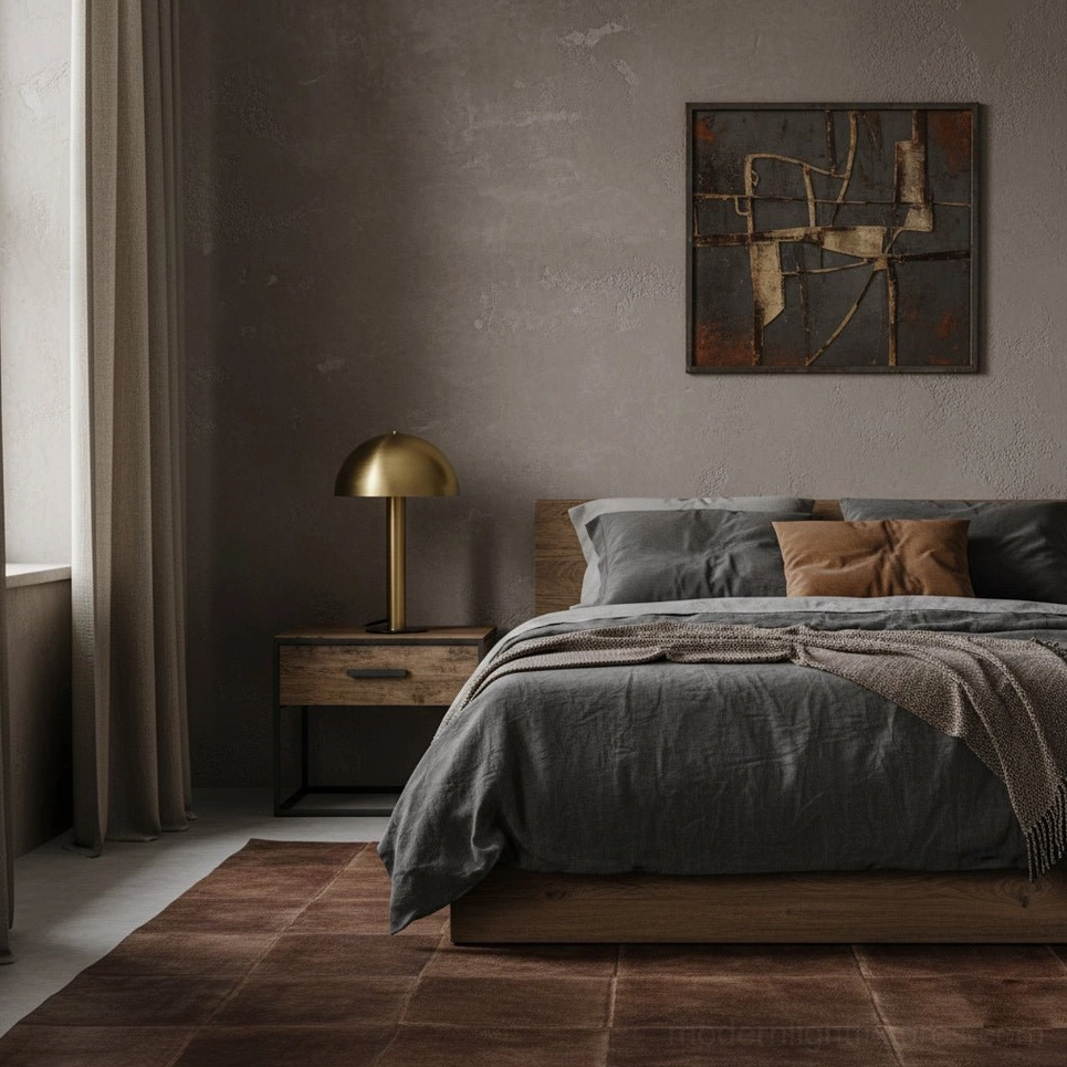 Brushed copper mushroom lamp on dark grey bedroom nightstand - luxury bedroom lighting design