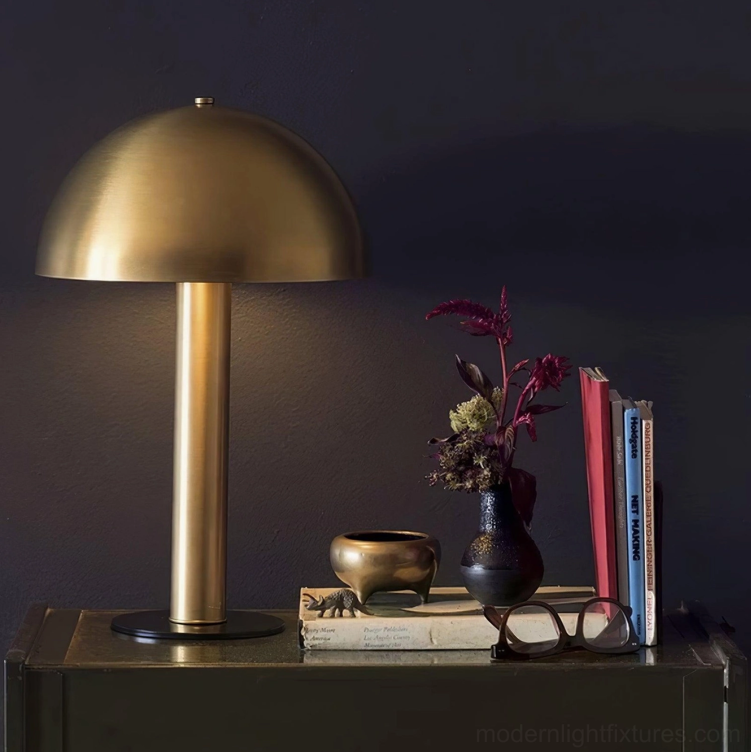 Copper mushroom lamp living room side table contemporary furniture arrangement