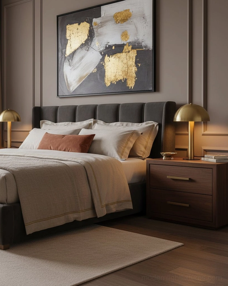 Gold metal mushroom table lamp in upholstered headboard bedroom - modern luxury lighting