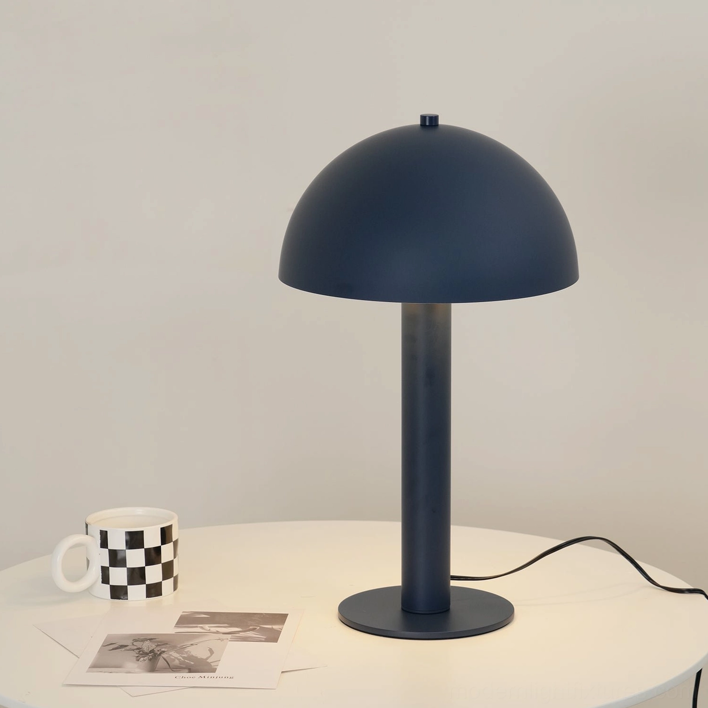 Deep navy blue mushroom table lamp matte metal finish modern aesthetic design