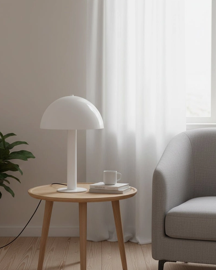 Matte white mushroom table lamp in modern living room on side table corner accent lighting