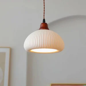 Sidra Model C white ceramic pendant light, flattened pumpkin dome shape with vertical ribbing