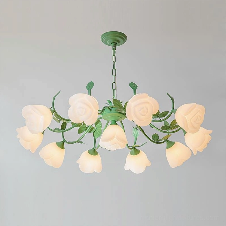 French Siena 11-Head Rose Chandelier in green metal, large statement floral pendant light, premium acrylic rose shades