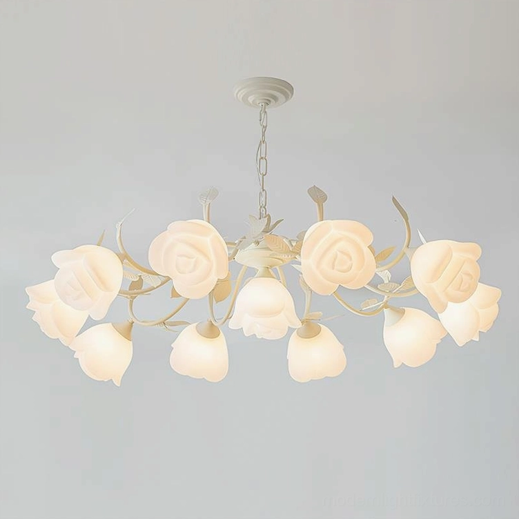 French Siena 11-Head Rose Chandelier in white, grand-size floral light fixture, elegant frosted rose bloom chandelier design