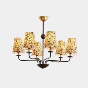 Siena 6-head floral fabric chandelier with black metal frame and colorful patterned shades, front studio view