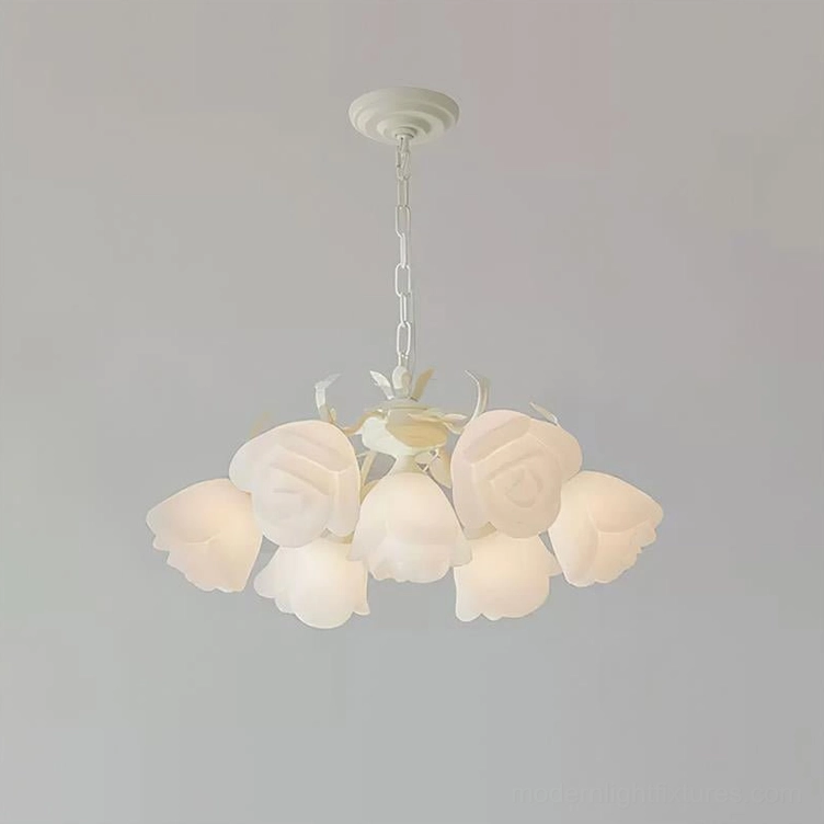 French Siena 7-Head Rose Chandelier in white metal finish, compact size, studio product photography with plain background