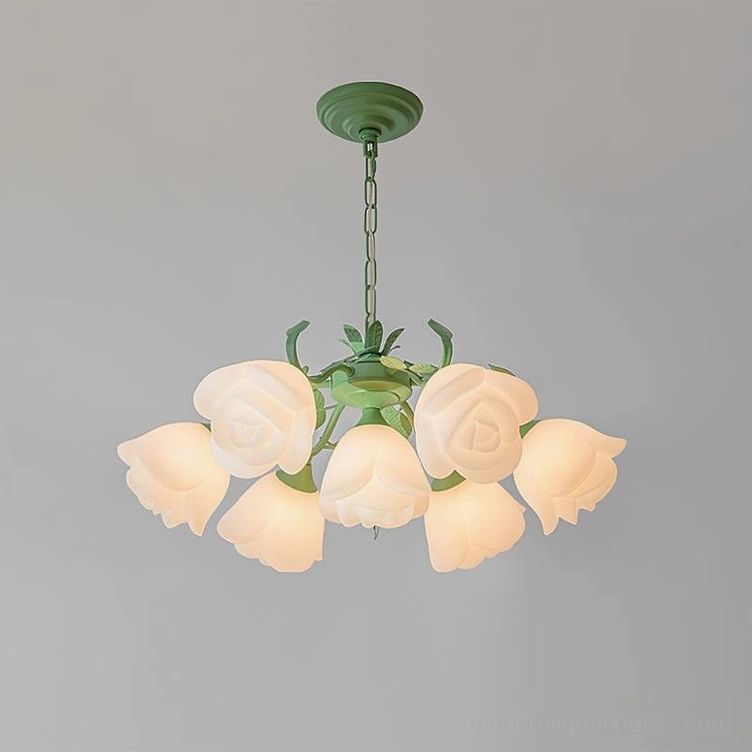French Siena 7-Head Rose Chandelier in green metal finish, elegant botanical design, small floral pendant light fixture