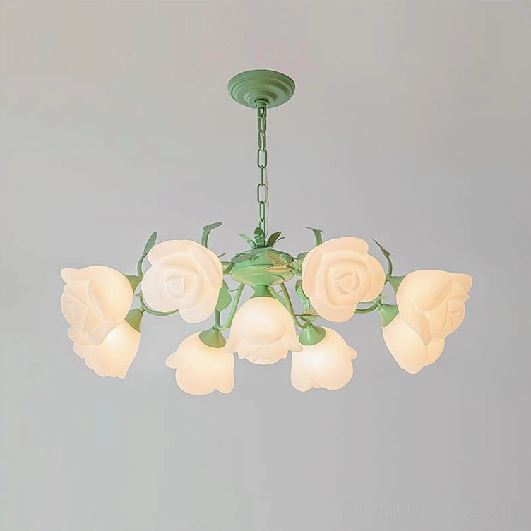 French Siena 9-Head Rose Chandelier in green, mid-size botanical pendant light, frosted acrylic rose bloom design