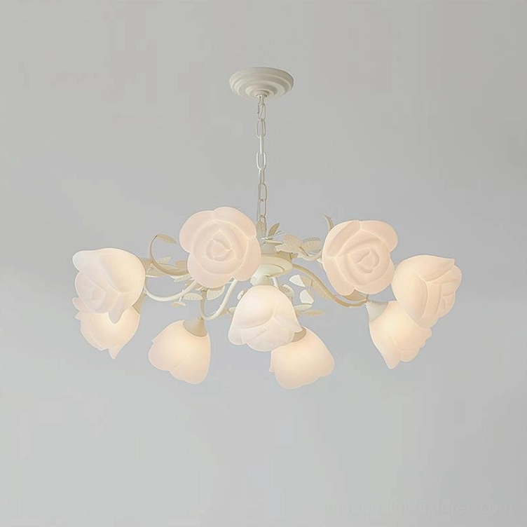 French Siena 9-Head Rose Chandelier in white, medium-size floral light fixture, milk-white acrylic rose shades product photo