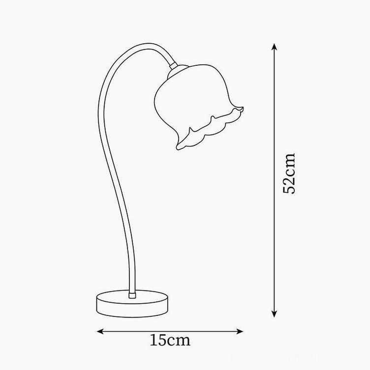 Technical dimension schematic showing Siena brass table lamp specifications, 52cm height by 15cm base diameter