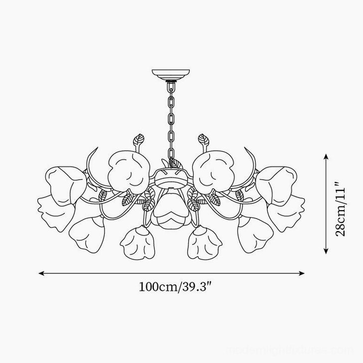 French Siena Rose Chandelier technical line drawing - 100cm diameter 11-head large statement size orthographic view