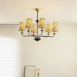 Siena fabric chandelier ceiling-mounted in minimalist white room, upward angle showing 6 floral conical shades