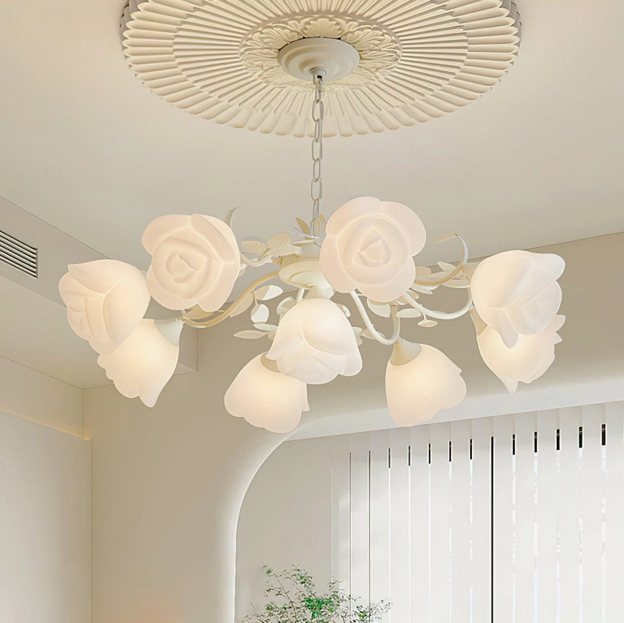 Large French Siena Rose Chandelier in French style residential room with off-white metal frame, frosted rose shades, decorative ceiling medallion