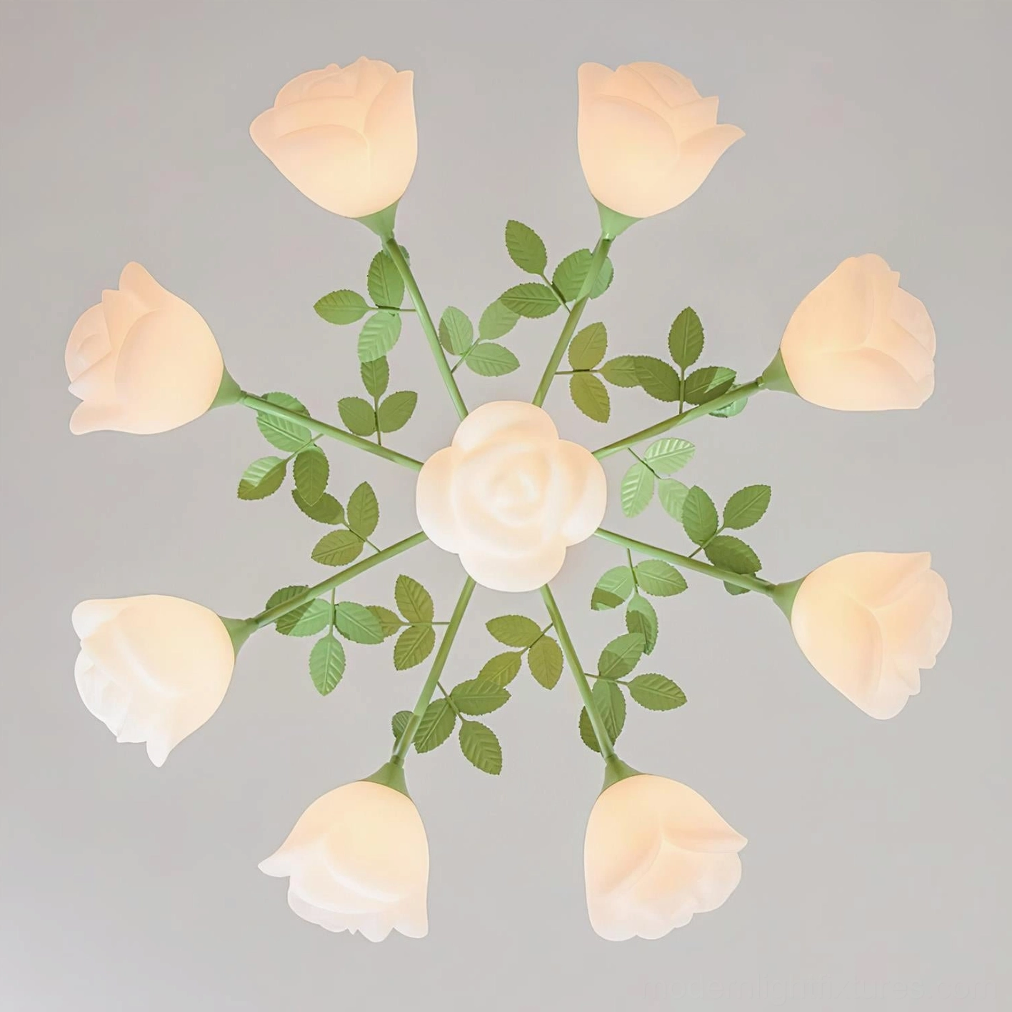 French Siena Rose Chandelier close-up detail showing milk-white acrylic rose shades, green leafy metal stems, 10-light configuration