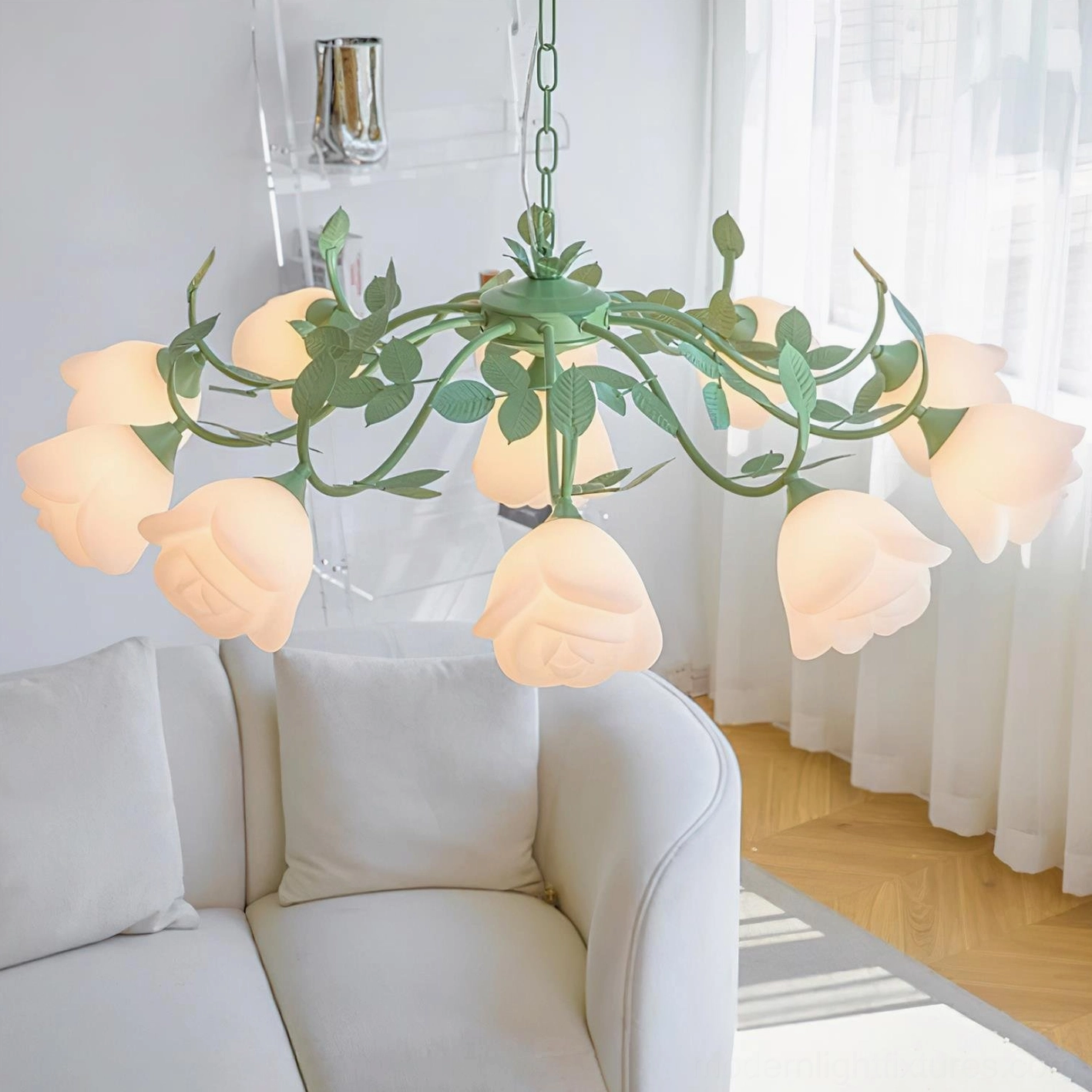 French Siena Rose Chandelier detail shot showing metal framework, acrylic rose bloom structure, and integrated LED light diffusion