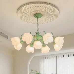 French Siena Rose Chandelier installed in living room with carved ceiling medallion, warm LED lighting, elegant residential interior design