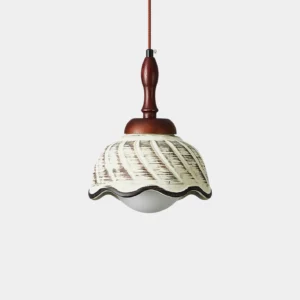 Sienna ceramic pendant light with wavy edge beige shade and dark wood spindle - studio close-up shot