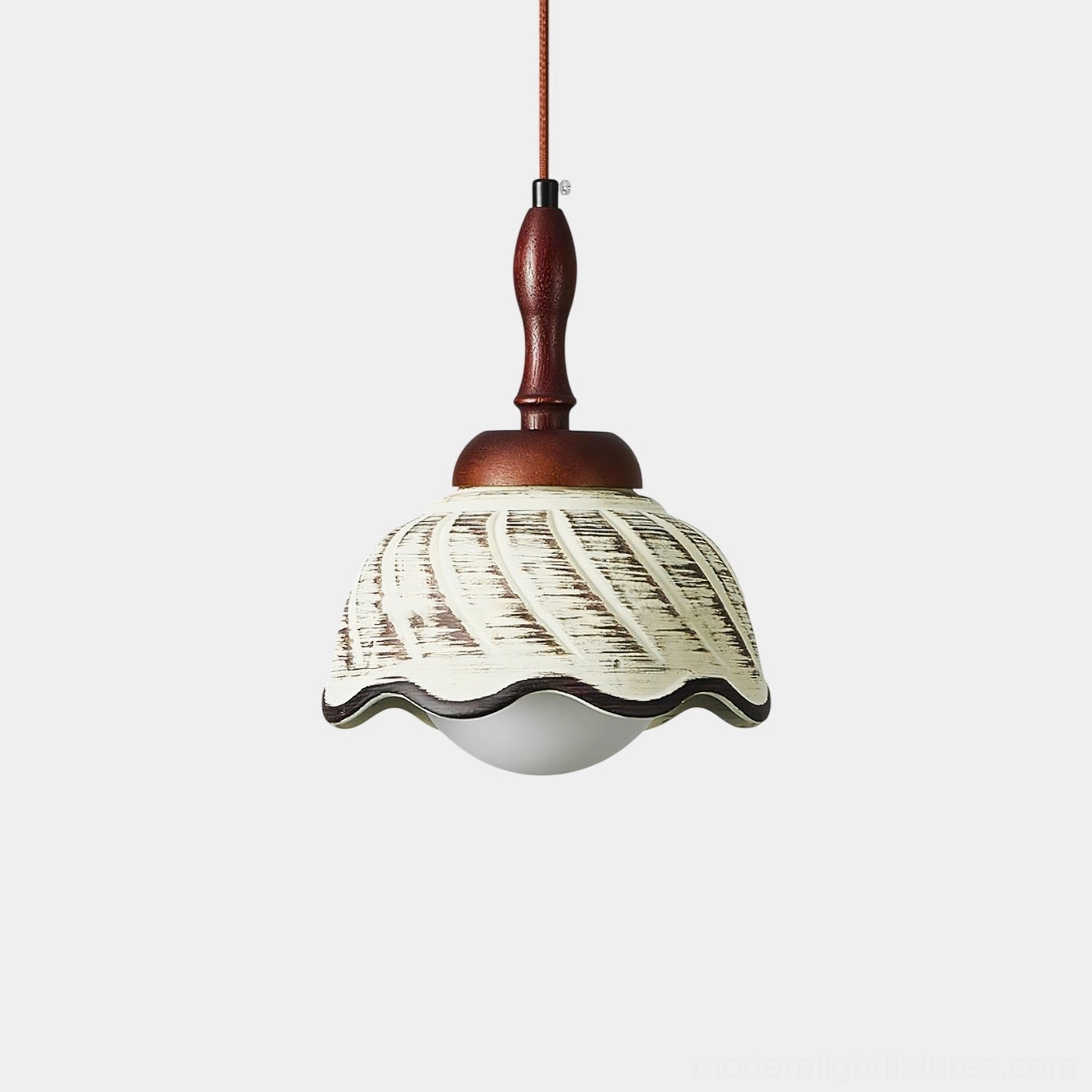 Sienna ceramic pendant light with wavy edge beige shade and dark wood spindle - studio close-up shot
