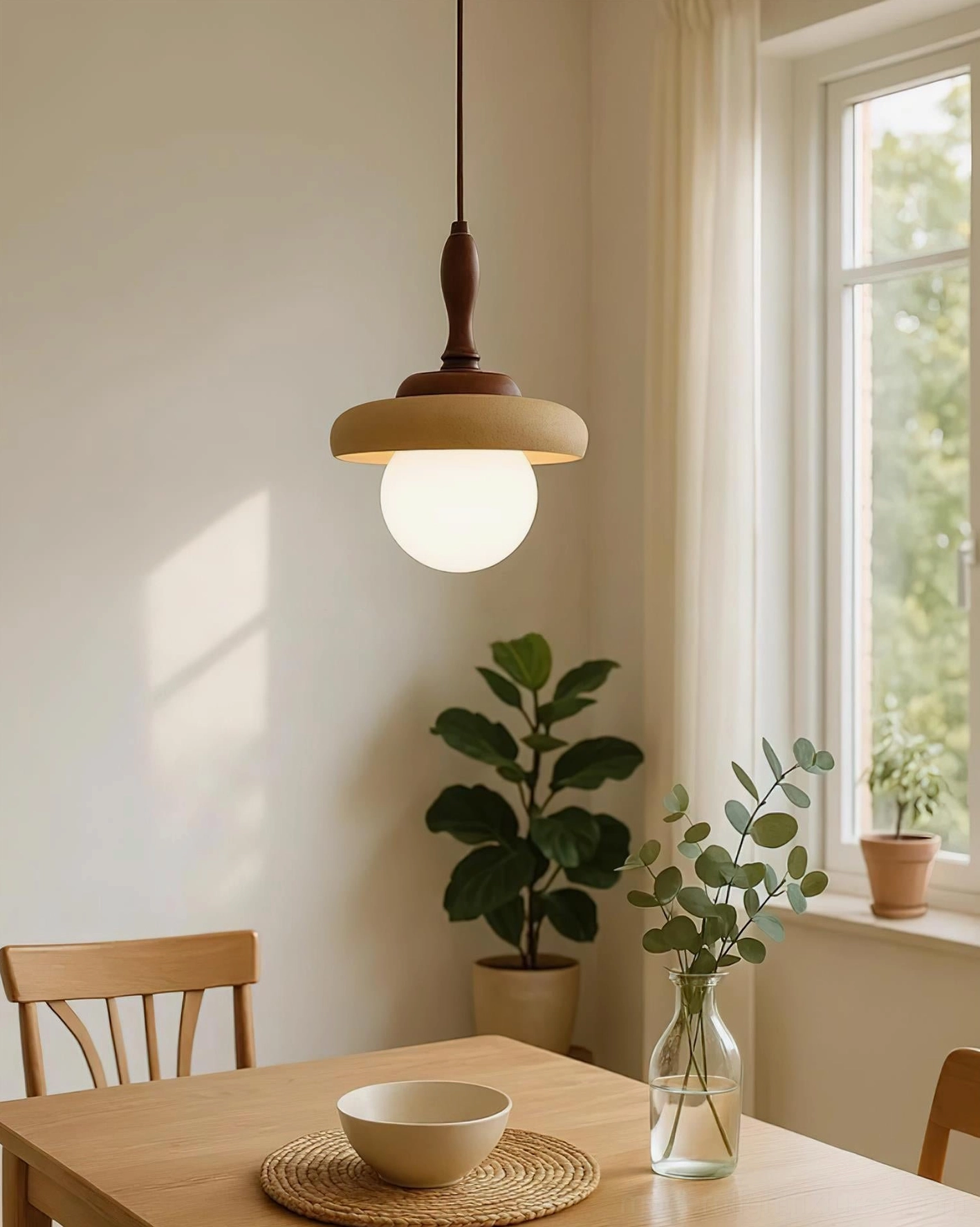 Sienna ceramic pendant light hanging over wooden dining table with potted plants and natural light
