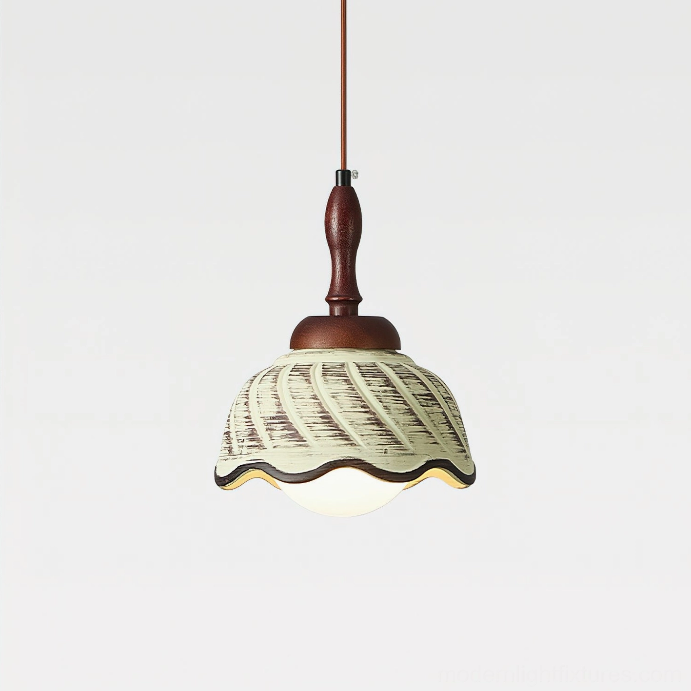 Sienna ceramic pendant light - three-quarter view showing shade contours and wood hardware