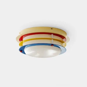 Sienna Wave multicolor ceiling light with red yellow blue geometric layers and white frosted glass shade front view