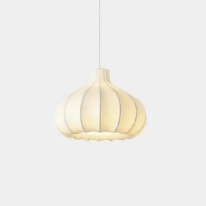 Silk cocoon pendant light front view showing ribbed fabric texture and onion-dome silhouette
