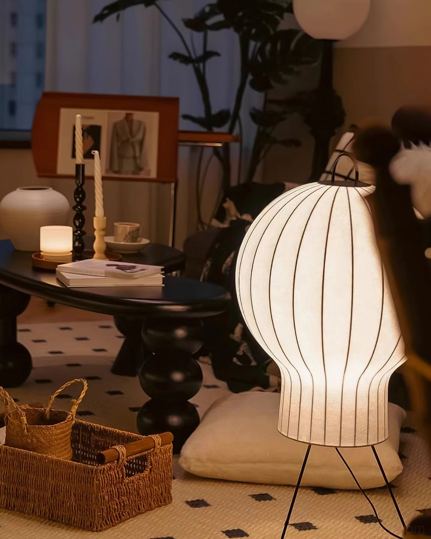 Handcrafted silk floor lamp showing light diffusion through textured shade