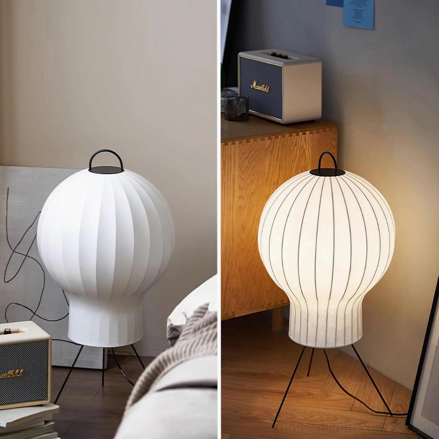 Handcrafted silk floor lamp with warm glow on stacked books interior styling