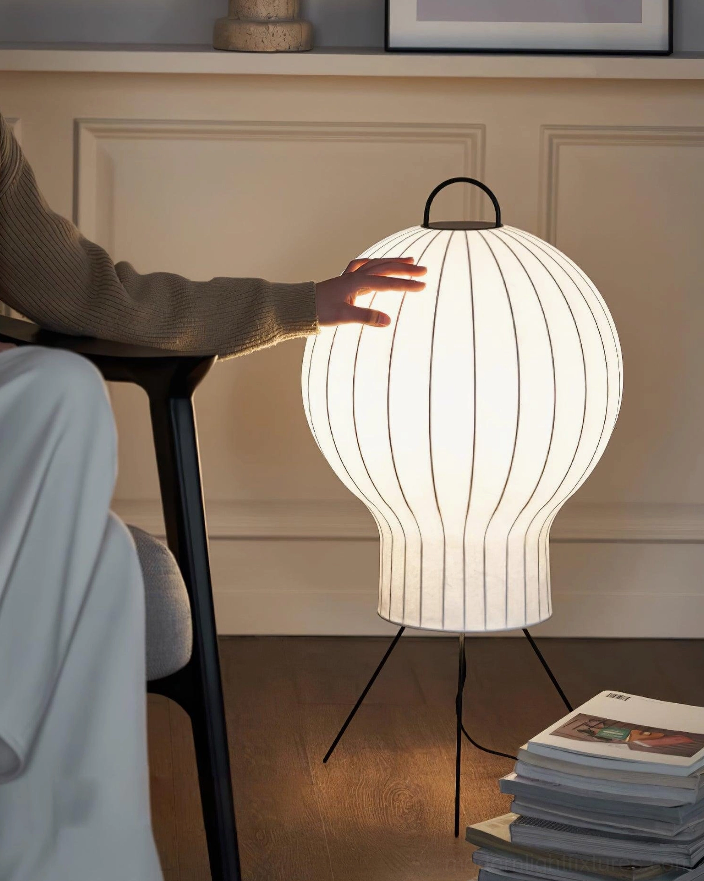 Silk floor lamp with vertical ribbed texture and black stripes in home lighting design