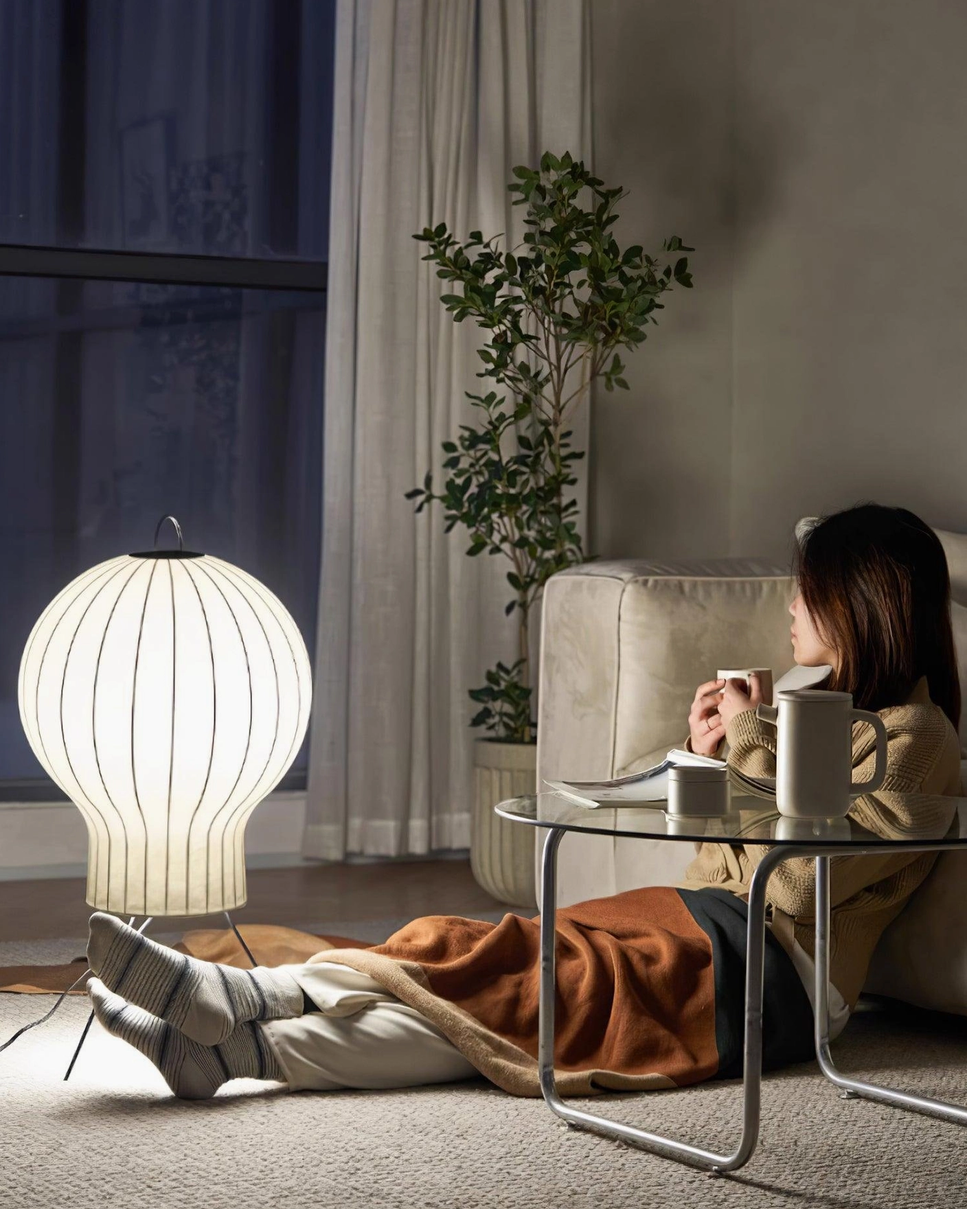 Silk lantern floor lamp close-up of ribbed shade construction and materials