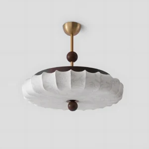 Silkara semi-flush ceiling lamp with hand-pleated textile shade, botanical engraving details, overhead view