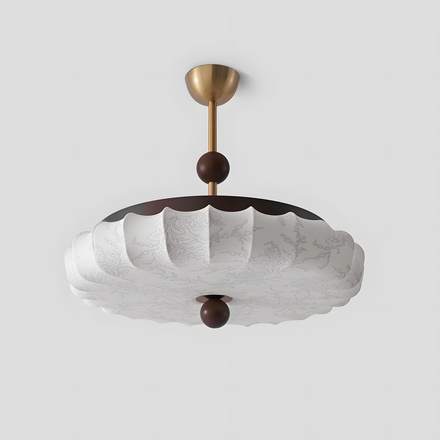 Silkara semi-flush ceiling lamp with hand-pleated textile shade, botanical engraving details, overhead view