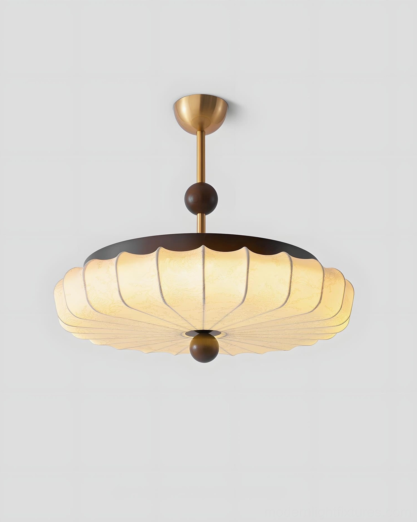 Silkara ceiling light fixture walnut and gold finish detail with scalloped pleated shade design