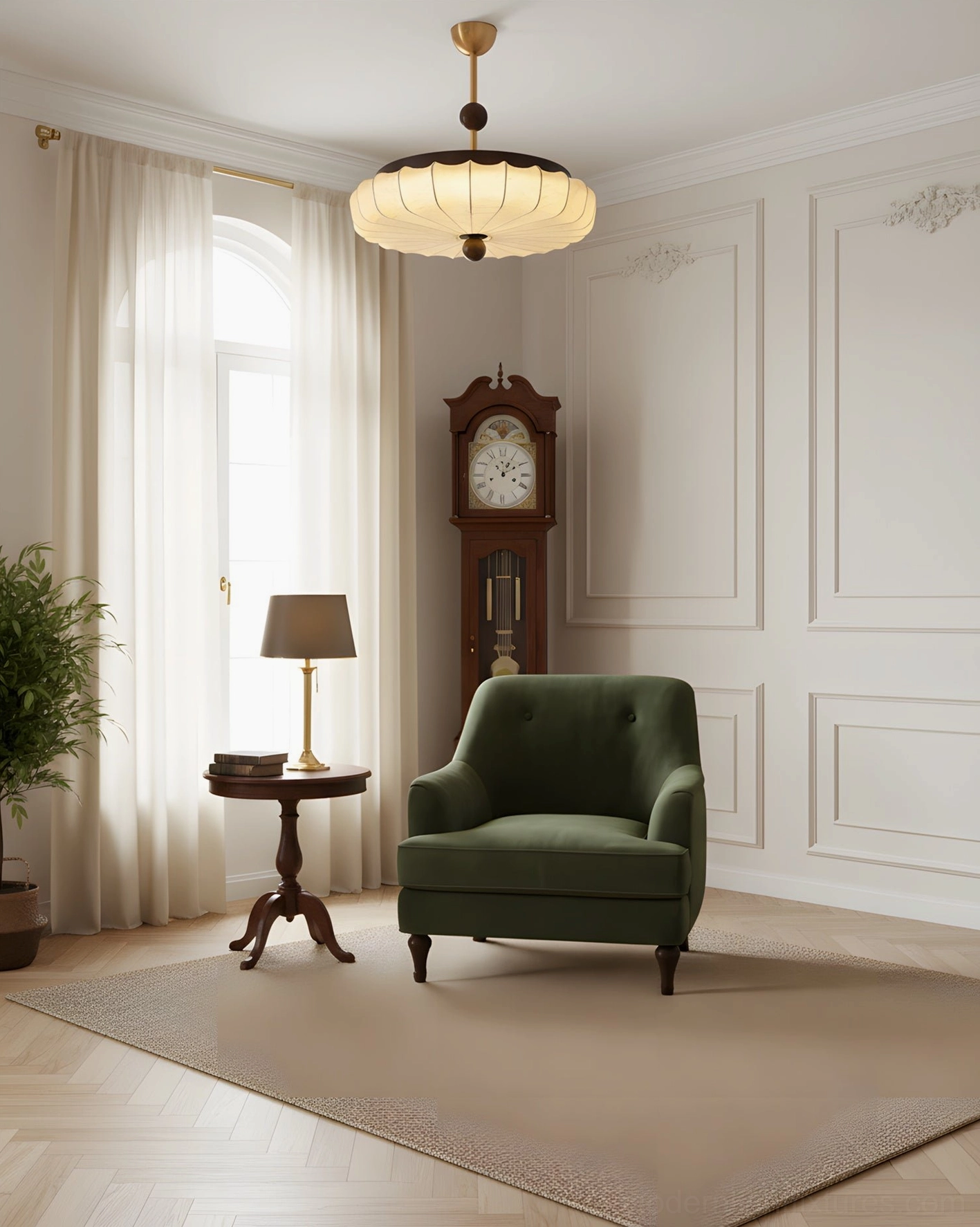 Silkara semi-flush ceiling fixture in traditional paneled room, warm walnut and gold finish showcased