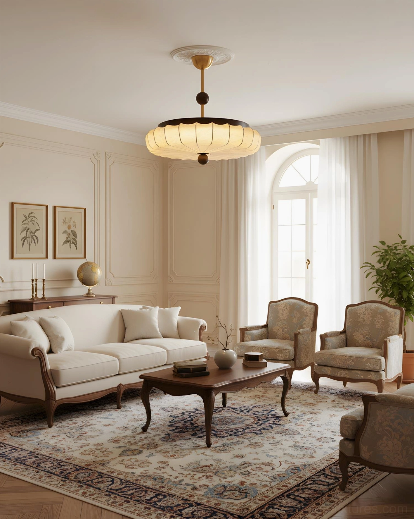 Silkara semi-flush ceiling fixture in elegant vintage living room with arched window and classic design