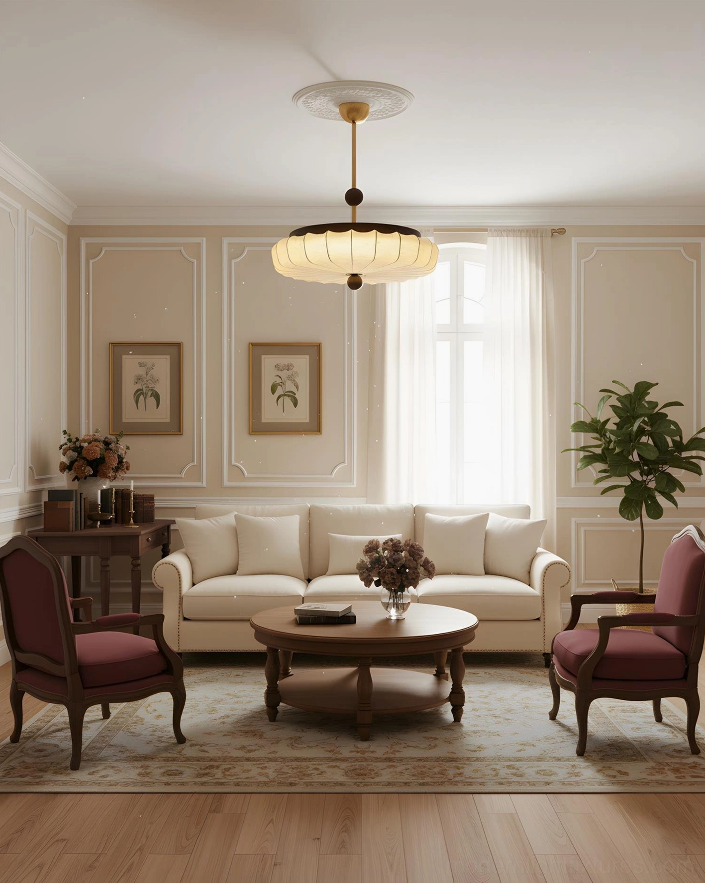 Silkara pleated ceiling light in warm contemporary living room with full sofa set and neutral decor