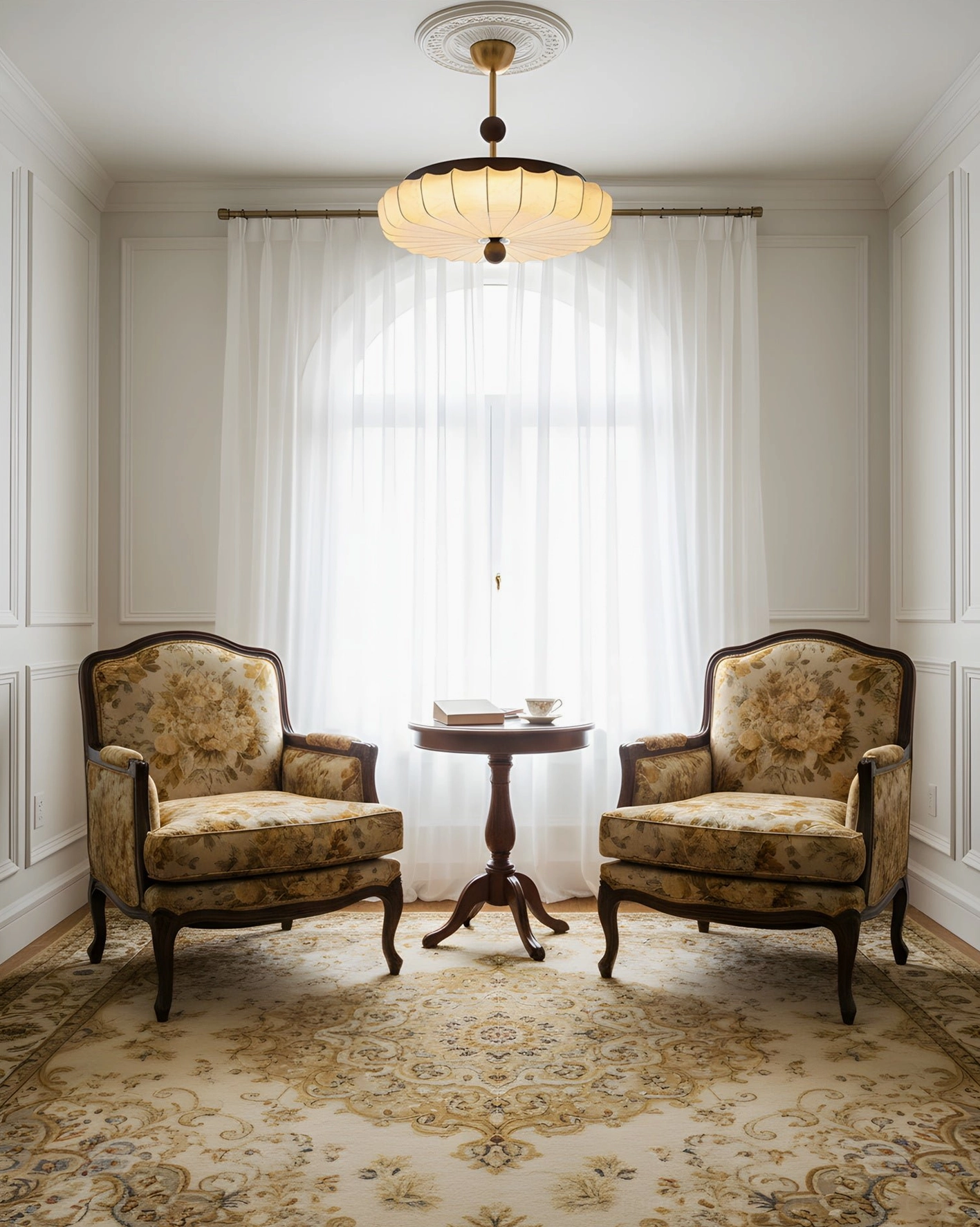 Silkara ceiling light installed in classical formal living room with neoclassical decor and vintage furniture