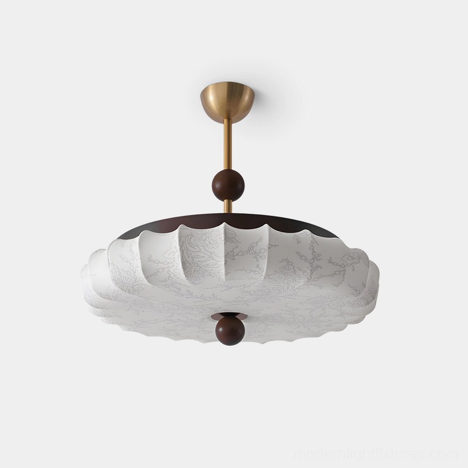 Silkara pleated fabric ceiling light fixture with scalloped edge detail, gold and walnut semi-flush design