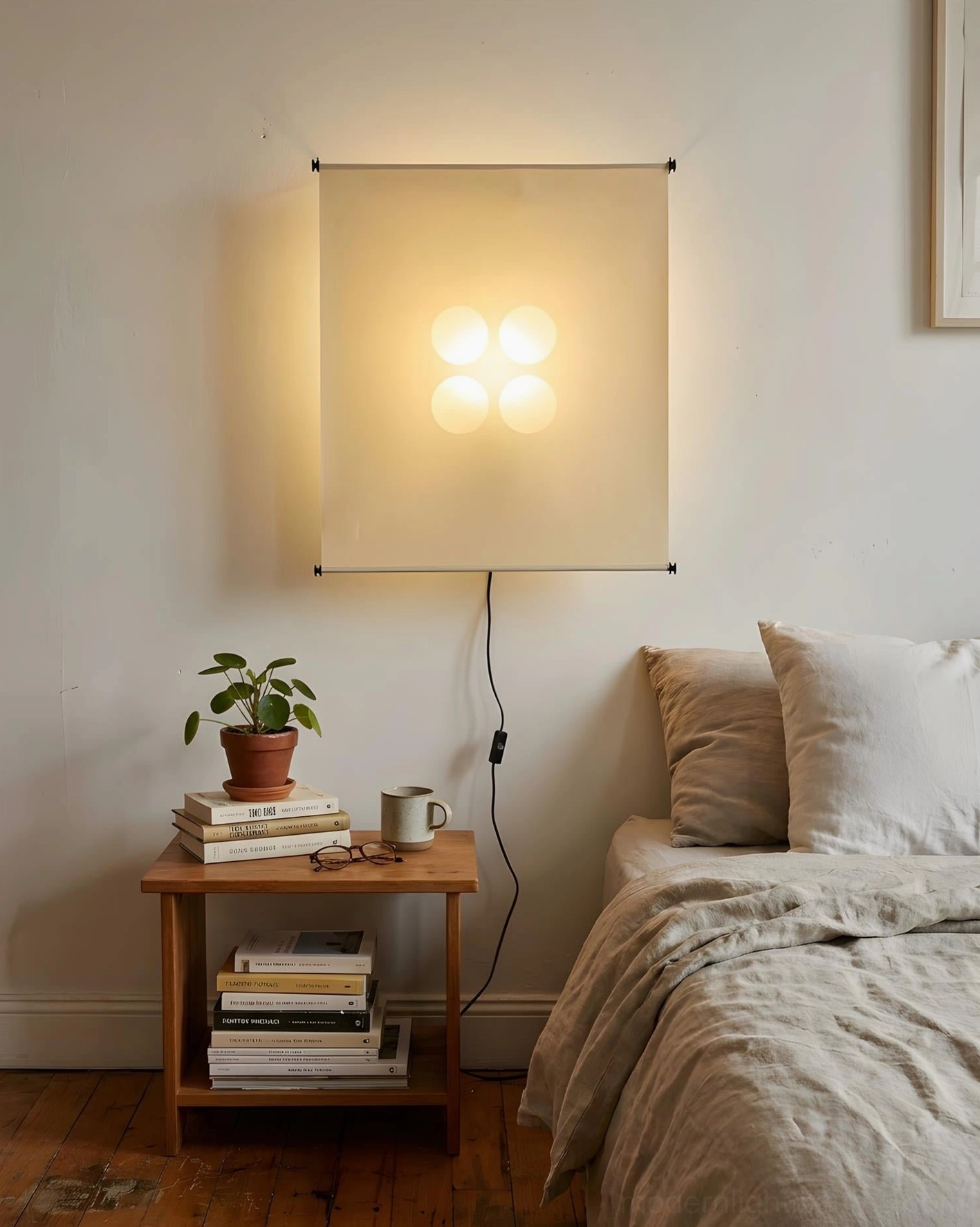 Silque wall sconce as bedroom ambient light above nightstand with potted plant, soft off-white paper shade, minimalist bedroom setting