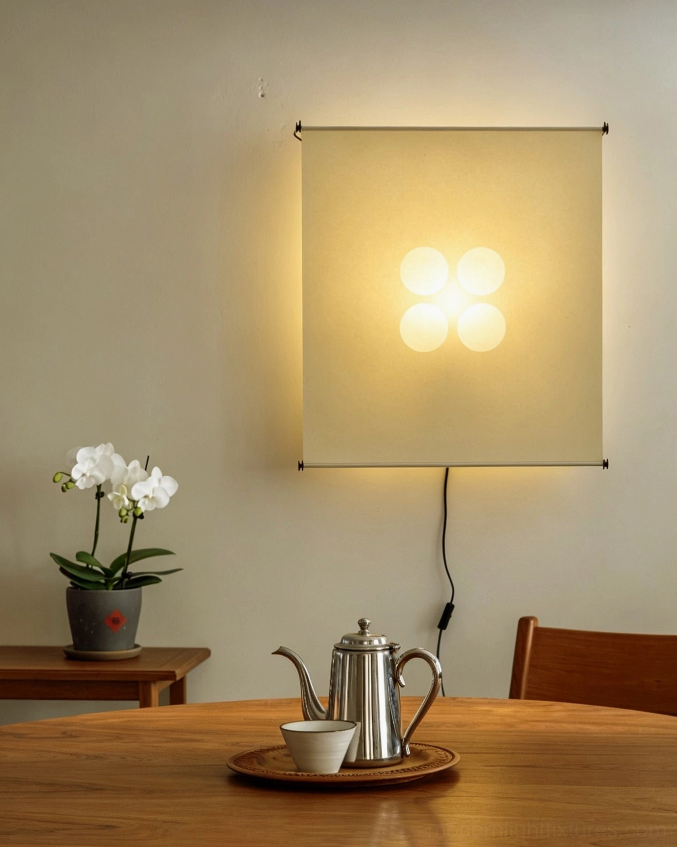 Silque wall sconce eye-level dining table view with silver tea service and orchid, artisanal paper diffuser and LED cluster
